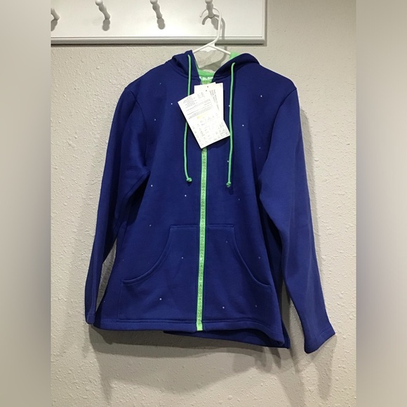 NWT Quacker Factory Zip Up Hoodie Blue Green Rhinestone Sweatshirt Women’s M - Picture 1 of 5